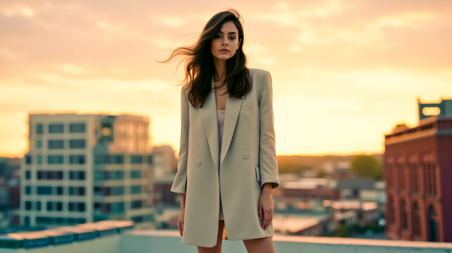 A woman in a white coat stands on a rooftop at sunset looking over her shoulder