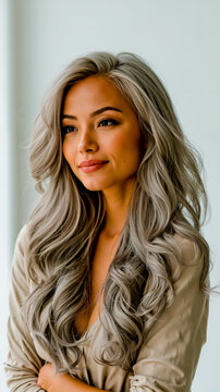 A woman with long wavy gray hair and a tan top