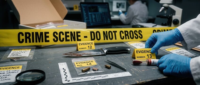 Crime Scene Investigation Forensic evidence collection with yellow tape knife blood sample and evidence markers