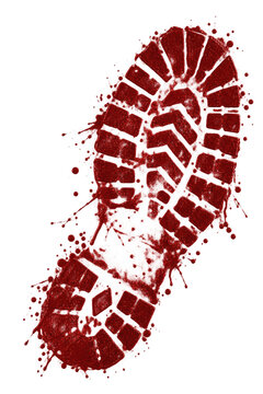Red bloody boot footprint print with liquid splatters isolated on transparent background