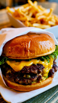 A close-up of a cheeseburger with lettuce and mustard served on a white plate