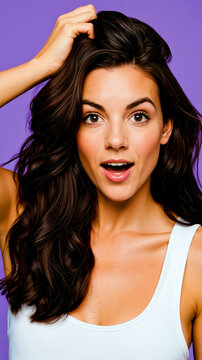 A woman with long brown hair and a white tank top looking surprised with her mouth open