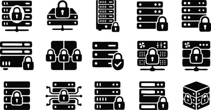 Server security icon set in solid black silhouette