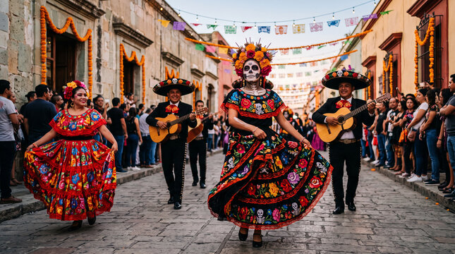People wearing D&iacute;a de los Muertos masks celebrating at a traditional Mexican street festival, with men playing guitars and women dancing during a lively Day of the Dead celebration.