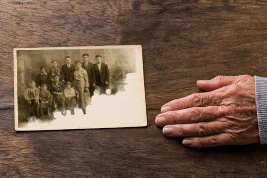 Old family photograph fading into blank space beside an elderly hand on a rustic wooden table, conveying memory loss and disappearing history in an archival scene
