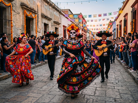 Mexican performers celebrating D&iacute;a de los Muertos with traditional dancing and live music during a colorful street procession, women dressed as La Catrina accompanied by guitar-playing musicians in so