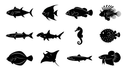 Obraz premium Vector Marine Fish Silhouette Collection Set, Ocean Seafood Wildlife Icons, Tropical and Predatory Species Clipart Bundle, Aquatic Vector Design Elements Pack