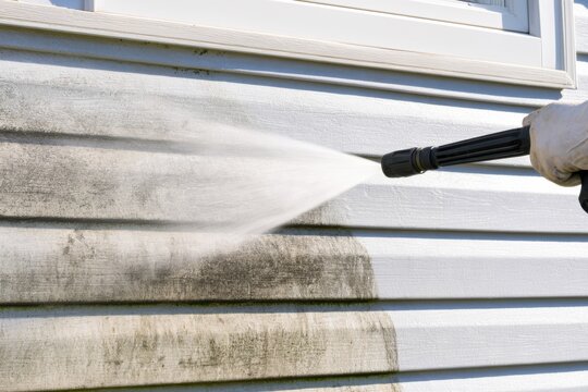 Pressure washer spray cleaning dark grime from white horizontal house siding beside a window in bright daylight close up exterior maintenance scene