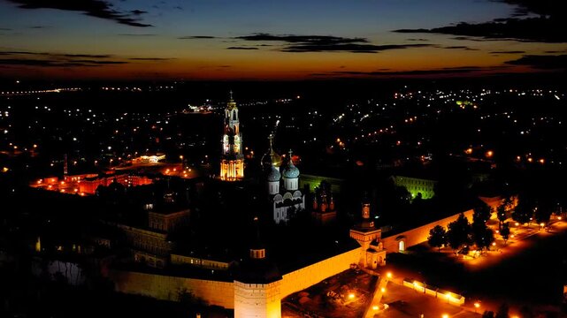 Sergiev Posad, Russia. The Trinity-Sergius Lavra is the largest male monastery of the Russian Orthodox Church with a long history. Located in the center of the city of Sergiev Posad. At night. Drone 