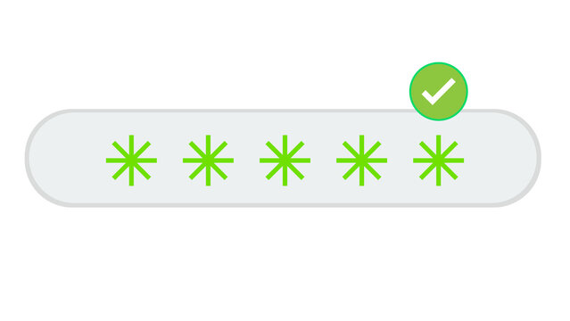 Five green asterisk symbols in a rounded input field with a checkmark notification asterisk checkmark password security authentication protection interface validation verified software