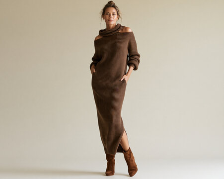 Sophisticated woman in a chocolate-brown off-shoulder knit maxi dress and suede boots poses against a clean neutral studio background.