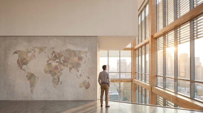 Professional standing near world map mural in modern office with city view
