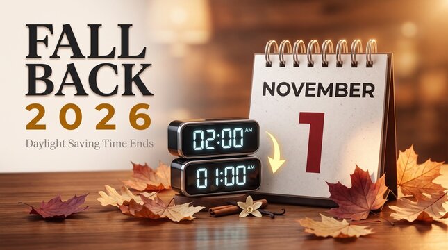 Fall Back 2026 Daylight Saving Time Ends November 1 with Clocks and Autumn Calendar