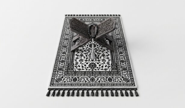 Islamic Prayer Rug with Wooden Quran Stand and Prayer Beads
