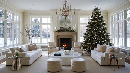 Obraz premium Luxurious living room decorating for Christmas, featuring a festive tree, cozy fireplace, and elegant furnishings, celebrating holiday traditions