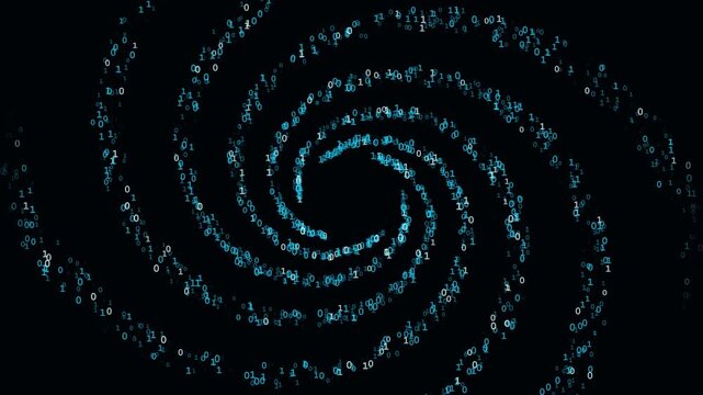 Abstract 4K digital environment featuring thousands of binary digits forming a logarithmic spiral vortex with a computational gravity compression pulse.