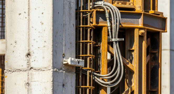 Steel formwork and hydraulic cables attached to a concrete pillar at a modern construction site