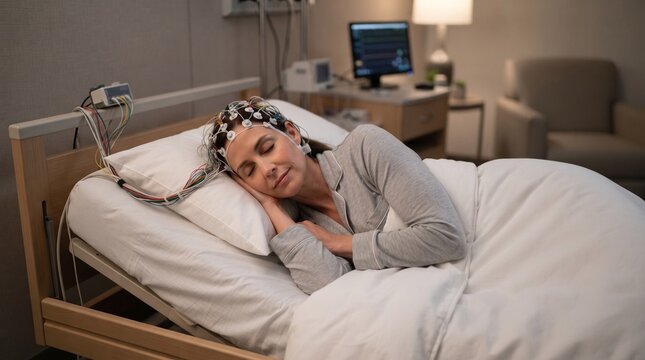woman sleeping in hospital bed wearing eeg electrode cap during overnight sleep study examination