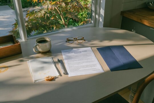 Mail ballot envelope for the United States election on a matte farmhouse table, a cozy home voting scene with copy space for civic explainers