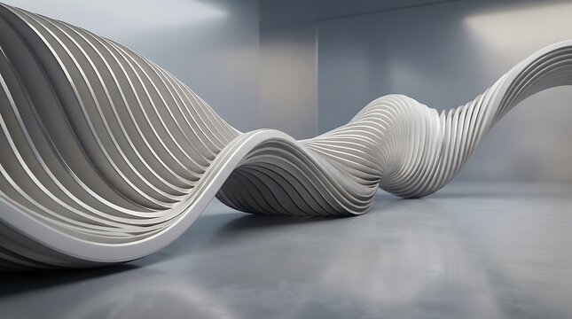 Abstract parametric sculpture with flowing wave shapes and layered white architectural elements in a minimalist interior space