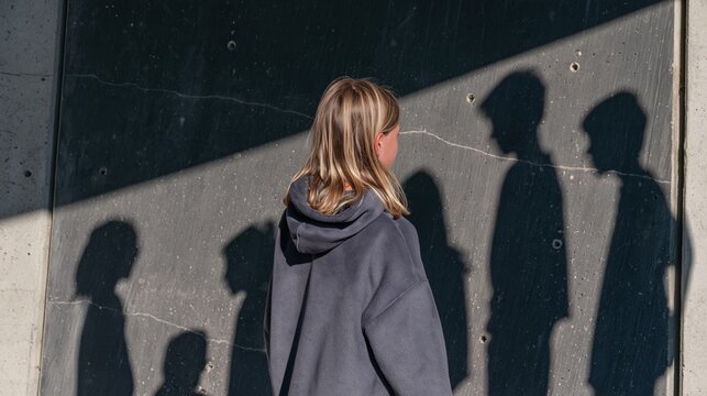 Girl in a blue fleece hoodie facing a concrete wall with dark silhouettes for anti-bullying and mental health awareness