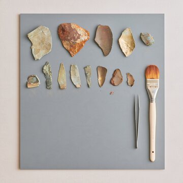 Broken ancient bronze vessel fragments sorted by size on a grey board with conservation tools, featuring weathered patina for museum education