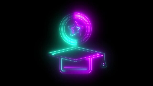 Graduation cap and star icon glowing in neon light on black background