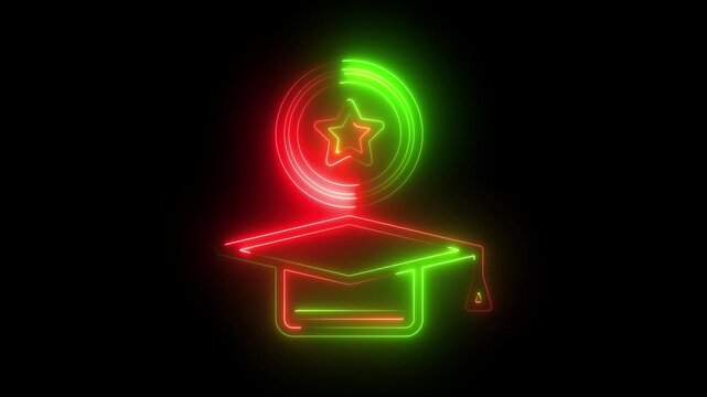 Graduation cap and star neon sign glowing on a black background