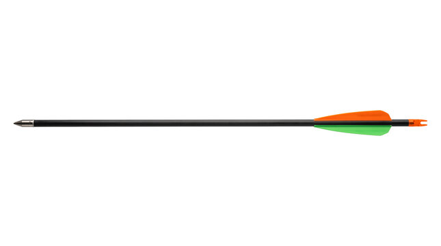 A carbon fiber archery arrow featuring vibrant orange and green fletching and a metal tip. Perfect for hunting, target practice, sport, and outdoor equipment designs.