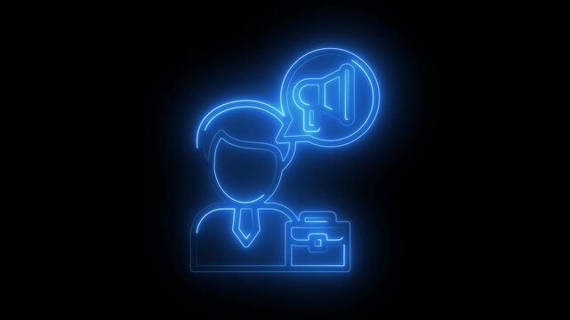 blue neon business icon of a professional with a megaphone and briefcase