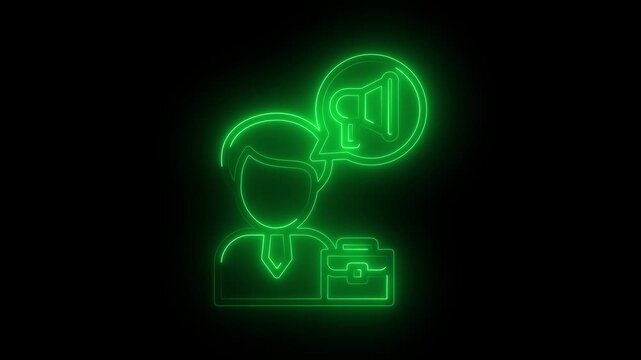 green neon business icon of a professional with a megaphone and briefcase