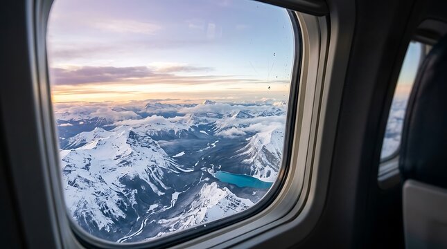 Breathtaking snowy mountain range seen through airplane window at sunset