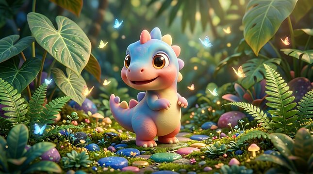 Adorable pastel baby dinosaur standing in a lush tropical forest with butterflies