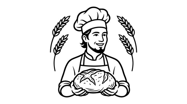 Friendly baker holding fresh loaf of bread with wheat stalks in line art style