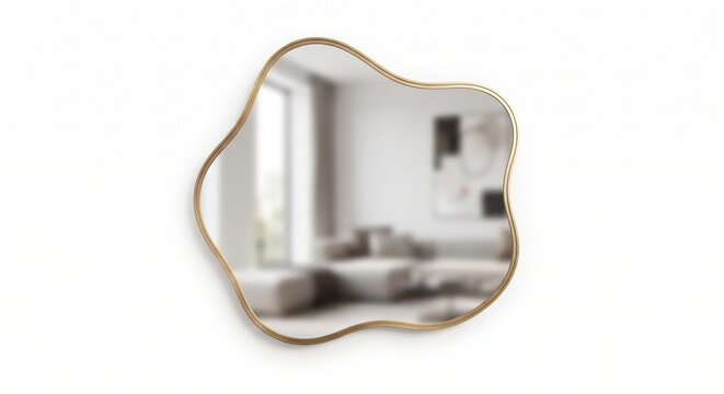An irregular organic shaped wall mirror with a thin gold metal frame reflecting a blurred living room interior