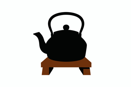 Black Kettle Silhouette On Wooden Stand.