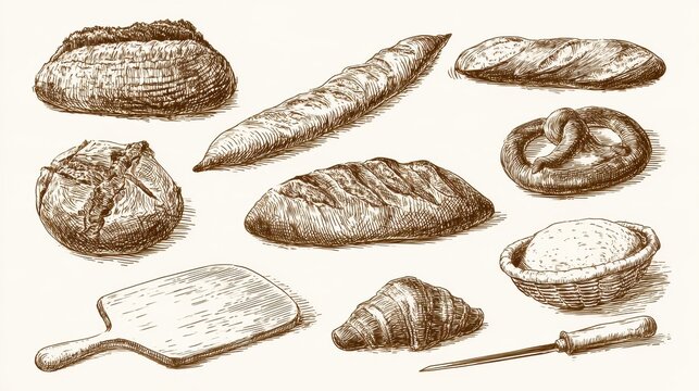 The vintage sketch illustration set shows various artisan bread like sourdough, baguette, and croissant along with baking tools.