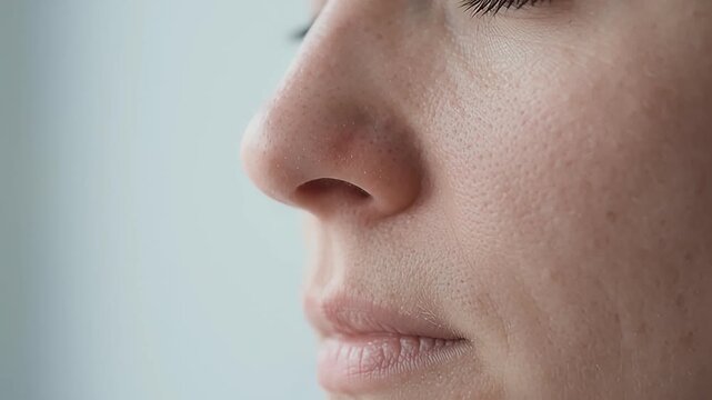 Close up profile view of a person showing visible sinus irritation and discomfort around the nose and mouth area, with dry skin texture and subtle redness, medical symptom representation