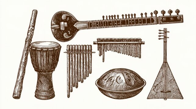 Collection includes didgeridoo, sitar, djembe drum, pan flute, steel tongue drum, and balalaika on white background.