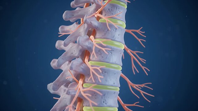 Close view of the human thoracic spine with visible vertebrae, intervertebral discs, and nerve endings, ideal for medical education and anatomical study