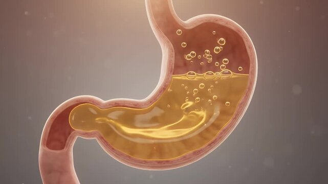 Cross section of human stomach showing internal anatomy, digestion process with gastric fluid and bubbles, medical illustration