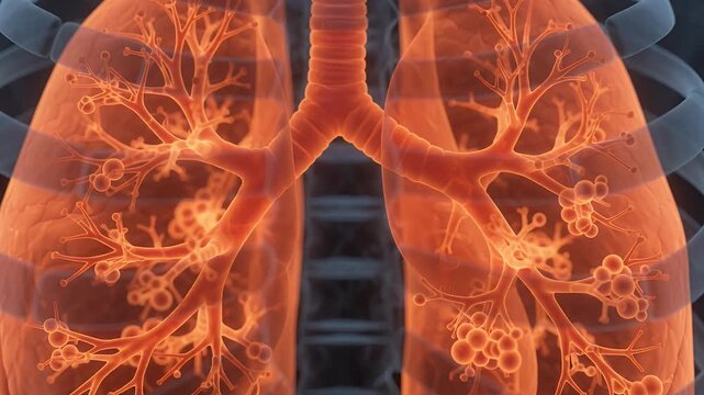 Glowing orange human lungs inside a translucent rib cage, detailed bronchi and alveoli, medical illustration, respiratory system science