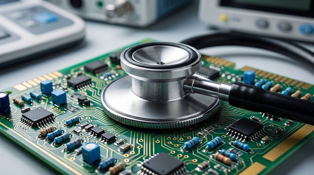 Medical Stethoscope on Electronic Circuit Board, Computer Hardware Diagnostics, Tech Repair Concept