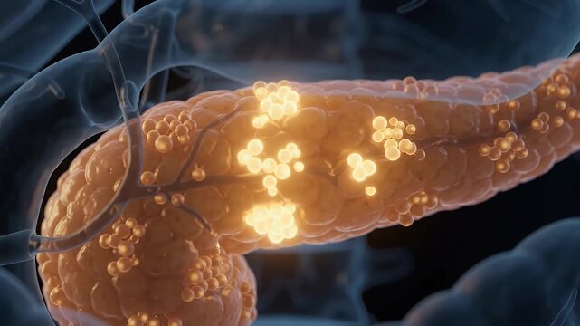 Glowing pancreas with clusters of insulin-producing cells highlighted, visualizing endocrine function and metabolic health, internal anatomy medical illustration