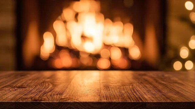 Empty dark wooden tabletop with a softly blurred warm fireplace background for cozy premium product presentation.