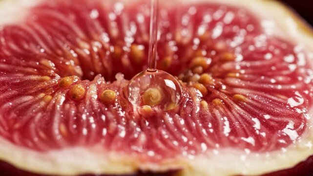 The glossy ruby interior and tiny golden seeds of a ripe fig fill a detailed extreme macro fruit scene.
