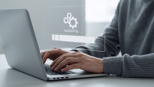 System Updating and Software Maintenance Concept. Woman using laptop with update progress bar, cloud, security system icons representing software improvement, data synchronization, digital maintenance