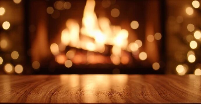 Empty dark wooden tabletop with a softly blurred warm fireplace background for cozy premium product presentation.