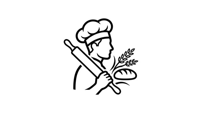 Minimalist chef icon holding rolling pin and wheat against white background