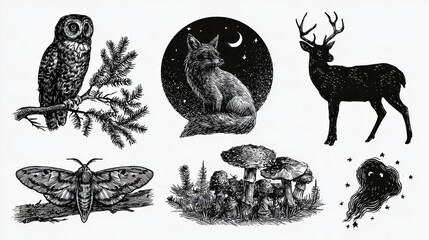 Obraz premium Hand-drawn sketches of forest creatures owl on a branch, fox in moonlight, deer silhouette, moth, mushrooms, and will-o-wisp.